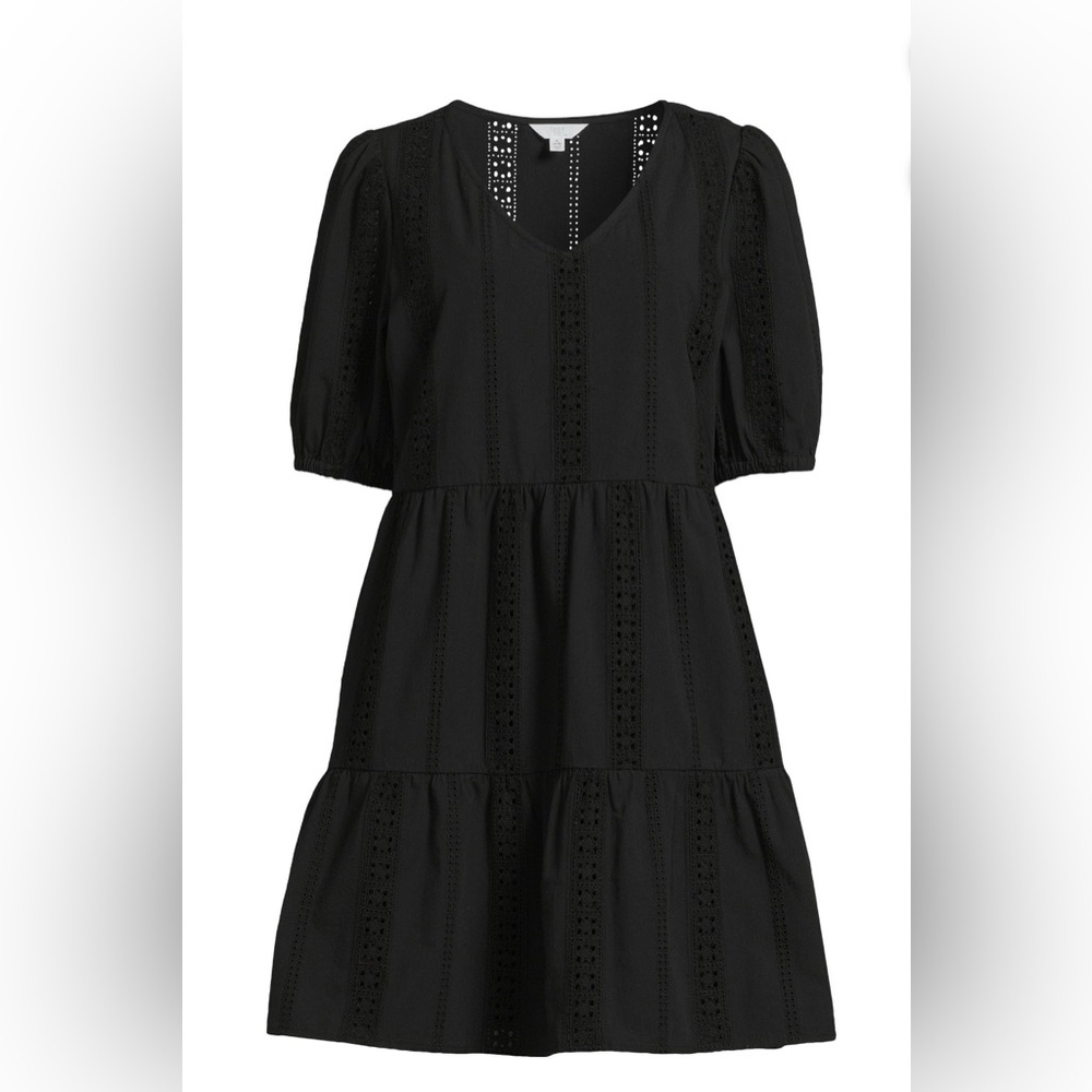 Time and Tru Black Puff Sleeve V-Neck Mini Sundress